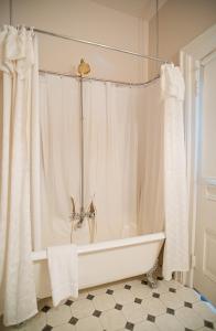 维多利亚紫晶住宿加早餐旅馆的带浴缸和淋浴帘的浴室