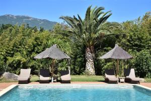 菲加里特拉科斯度假屋的一组椅子和遮阳伞,位于游泳池旁
