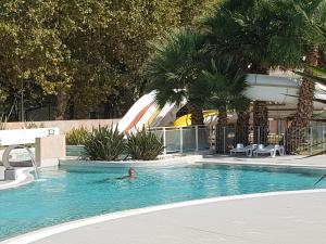 阿格德Mobile Home tout confort Séléna的一个人在棕榈树游泳池游泳