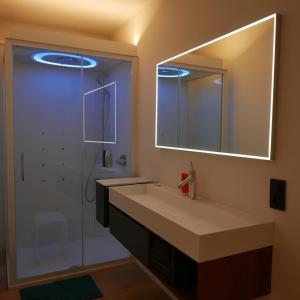 梅赫伦Margaretha's Room的浴室配有盥洗盆和带镜子的淋浴