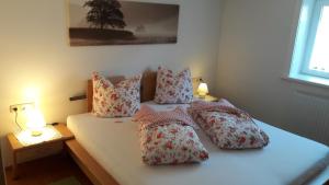 瓦尔德阿尔贝格Ferienwohnung Evi的一间卧室配有带四个枕头的床