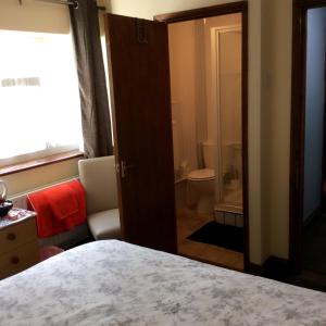 Grain山林小屋旅馆的一间卧室配有一张床,浴室设有卫生间