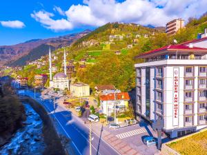 乌宗Golden Inn Hotel Uzungöl的一座有河流、建筑和山的城市