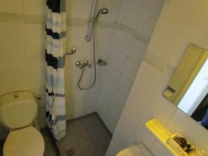 登海尔德咖啡厅伍德酒店的带淋浴、卫生间和盥洗盆的浴室