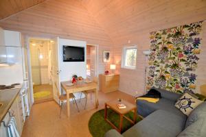 卡尔斯克鲁纳德拉格索山林小屋的带沙发的小客厅和厨房