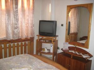 Kocherinovo米舍尔酒店的一间卧室配有电视、一张床和镜子
