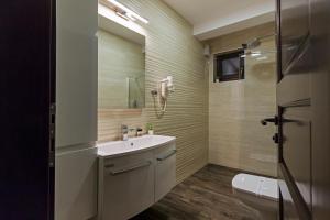 奥赫里德Villa Sofija的一间带水槽、卫生间和镜子的浴室