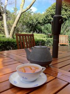 英雄港奎尼塔德艾斯普瑞德桑托酒店的木桌上的一碗汤,茶壶