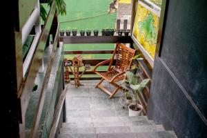 阿布拉奥Mahalo Hostel的一个带椅子和盆栽植物的小阳台