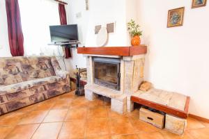 BizeljskoHoliday Home Juričko with private Sauna的客厅设有石制壁炉和沙发。
