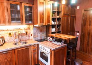 索非亚Karina Art Mountain View Apartment的一个带木制橱柜和水槽的厨房
