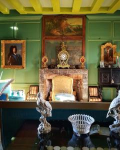 Saint-Paterne-Racan霍德波特别墅酒店的绿色的客房设有壁炉和墙上的画像