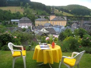 LudwigsstadtFerienwohnung Haus am Sommerberg的一张桌子,上面有黄色的桌布和两把椅子