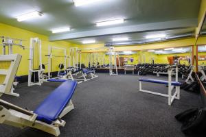 ZastávkaHotel Harmonie的健身房,配有一排跑步机和举重器材