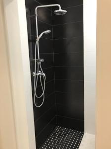 布加勒斯特VICTORIA LUXURY APARTMENT的黑色瓷砖淋浴和淋浴头