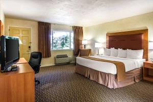 北本德库斯湾品质酒店的一间酒店客房,配有一张大床和一台平面电视