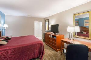 米尔福德Rodeway Inn Milford - I-84的酒店客房设有一张床、一张书桌和一台电视机。