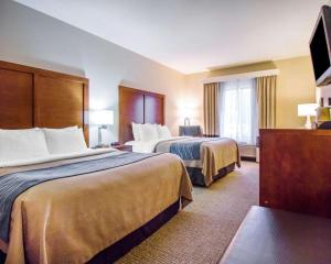 戴德伍德Comfort Inn & Suites Hotel in the Black Hills的酒店客房设有两张床和一台平面电视。