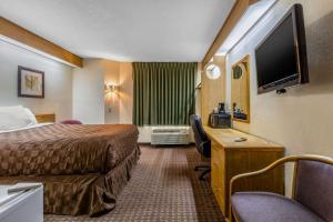 孟菲斯classic inn的酒店客房配有一张床、一张书桌和一台电视。