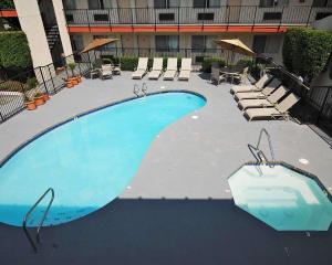 贝灵厄姆MorningGlory Inn & Suites的大楼内带躺椅的大型游泳池