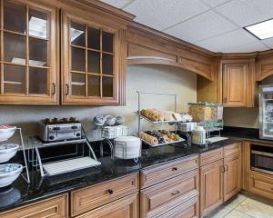 威奇托威奇托机场康福特套房酒店的厨房配有木制橱柜和食品台面