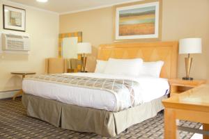AdamsMount Royal Inn的酒店客房设有一张大床和两张桌子。