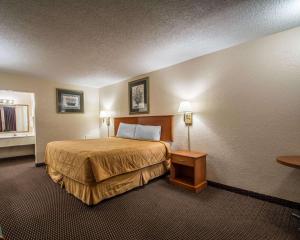 皮尔斯堡Rodeway Inn Fort Pierce I-95的酒店客房配有一张床铺和一张桌子。