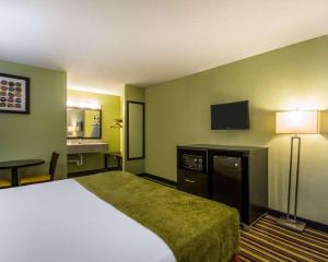 达文波特Sunset Palm Hotel的配有一张床和一台平面电视的酒店客房