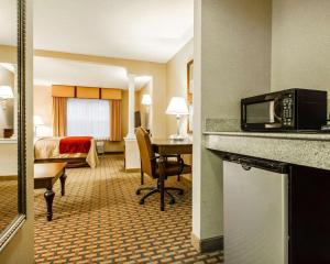 斯卡伯勒斯卡伯勒舒适套房酒店的酒店客房配有一张床和一张带微波炉的书桌