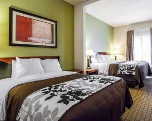 哈蒂斯堡Sleep Inn & Suites Hattiesburg的一间酒店客房,房间内设有两张床