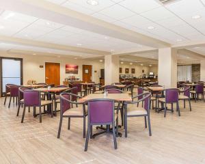 比林斯Big Horn Resort, Ascend Hotel Collection的一间带桌子和紫色椅子的用餐室
