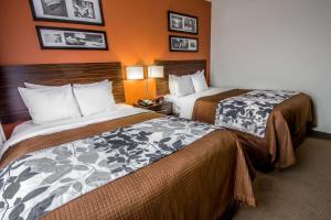 皇后区肯尼迪机场洛克威大道牙买加司丽普酒店的酒店客房设有两张床,墙上挂有照片