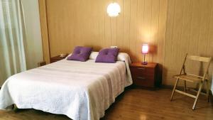 梅里达阿纳斯旅馆的一间卧室配有一张带紫色枕头的床和一把椅子