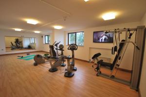 Vaneze邦多纳山脉酒店的健身房设有数台跑步机和平面电视
