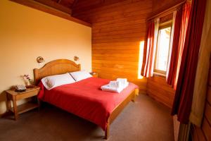 埃尔卡拉法特琳达维斯塔公寓酒店的一间卧室配有一张带红色毯子的床和窗户。