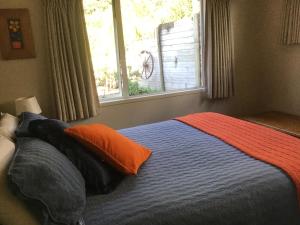 新普利茅斯Treetops On Heta的一间卧室配有一张带橙色枕头的床和窗户