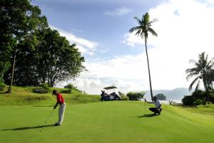 刁曼岛刁曼岛成功度假村的两人在高尔夫球场打高尔夫