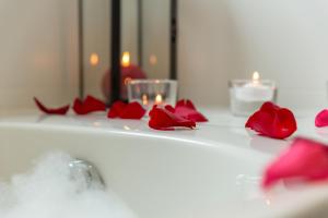 舍诺夫The Originals City, Hôtel Armony, Dijon Sud (Inter-Hotel)的浴室柜台有红色玫瑰和蜡烛