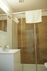圣地亚哥－德孔波斯特拉A Fonte das Hortas Residencial的一间带玻璃淋浴间和水槽的浴室