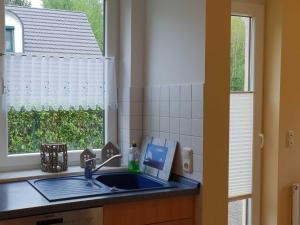 卡尔斯哈根Ferienhaus am Hasenwinkel的带水槽的厨房台面和窗户