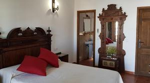 坎波德克里普塔纳Hotel Rural La Casa de los Tres Cielos的一间卧室配有一张带红色枕头和镜子的床