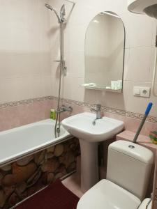 敖德萨Апартаменты на Ивана и Юрия Лип的一间带水槽、卫生间和镜子的浴室