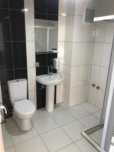 HacıbektaşGunes Hotel的浴室配有卫生间、盥洗盆和淋浴。