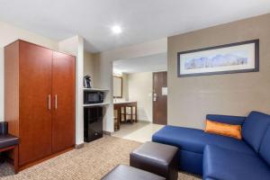 派托普湖畔Comfort Inn & Suites Pinetop Show Low的客厅配有蓝色的沙发和橱柜。