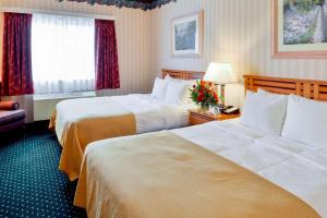 安克雷奇Clarion Suites Anchorage Downtown的酒店客房设有两张床和窗户。