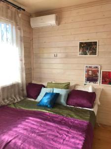 苏呼米Добрый Лев的紫色和绿色枕头的宿舍间内的一张床位