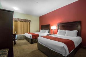 卡尔加里机场南康福特茵套房酒店的红色墙壁的酒店客房内的两张床