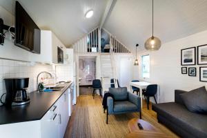 斯德哥尔摩First Camp City-Stockholm的一间厨房和客厅,位于一个小房子里