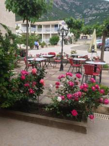 加莱里亚坎芭耶鲁酒店的一组配有粉红色花卉的桌椅