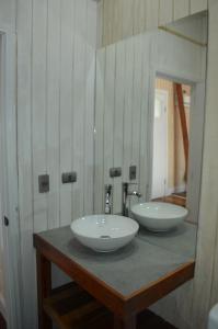 瓦尔迪维亚Hotel Nueve Ríos的浴室设有2个水槽和1个带镜子的台面
